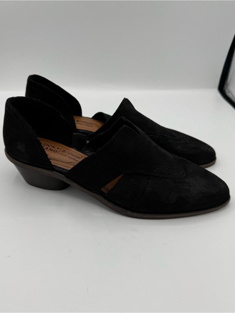Lucky Brand Minnsy 2 Black Pointed Suede Leather Mules Size 6.5 fall autumn